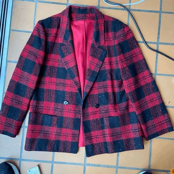 Vintage Red Wool Plaid Double-Breasted Holiday Blazer Union Made - M - Picture 1 of 10